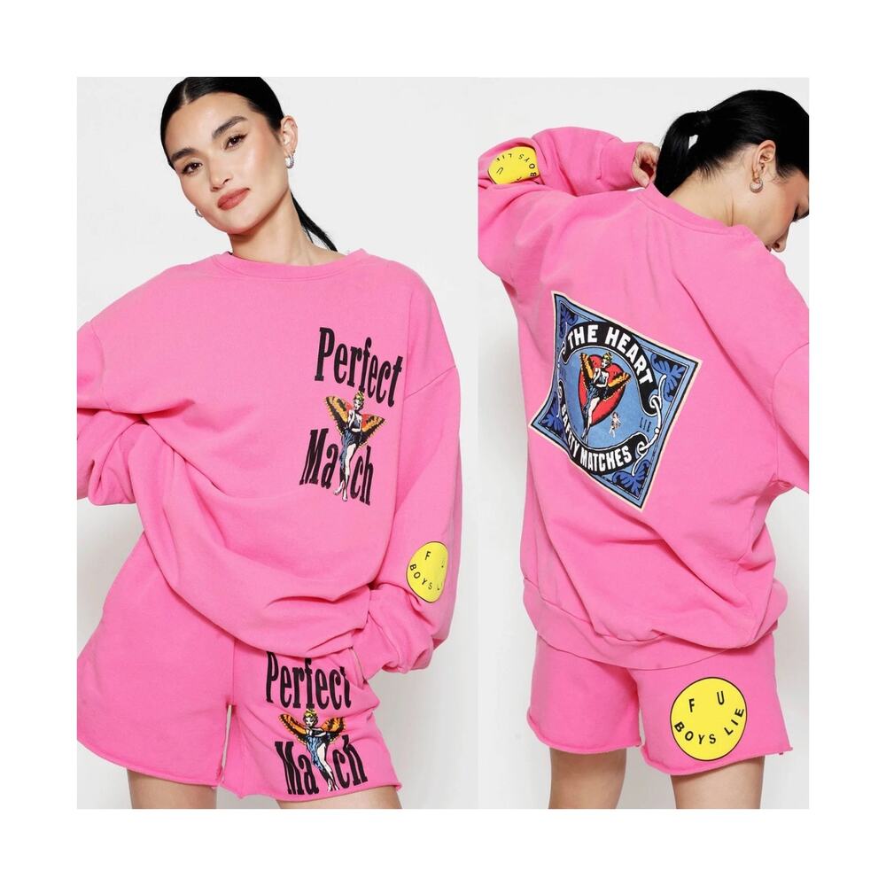 Boys Lie Perfect Match Oversized Graphic Crewneck Sweatshirt Hot Pink One Size